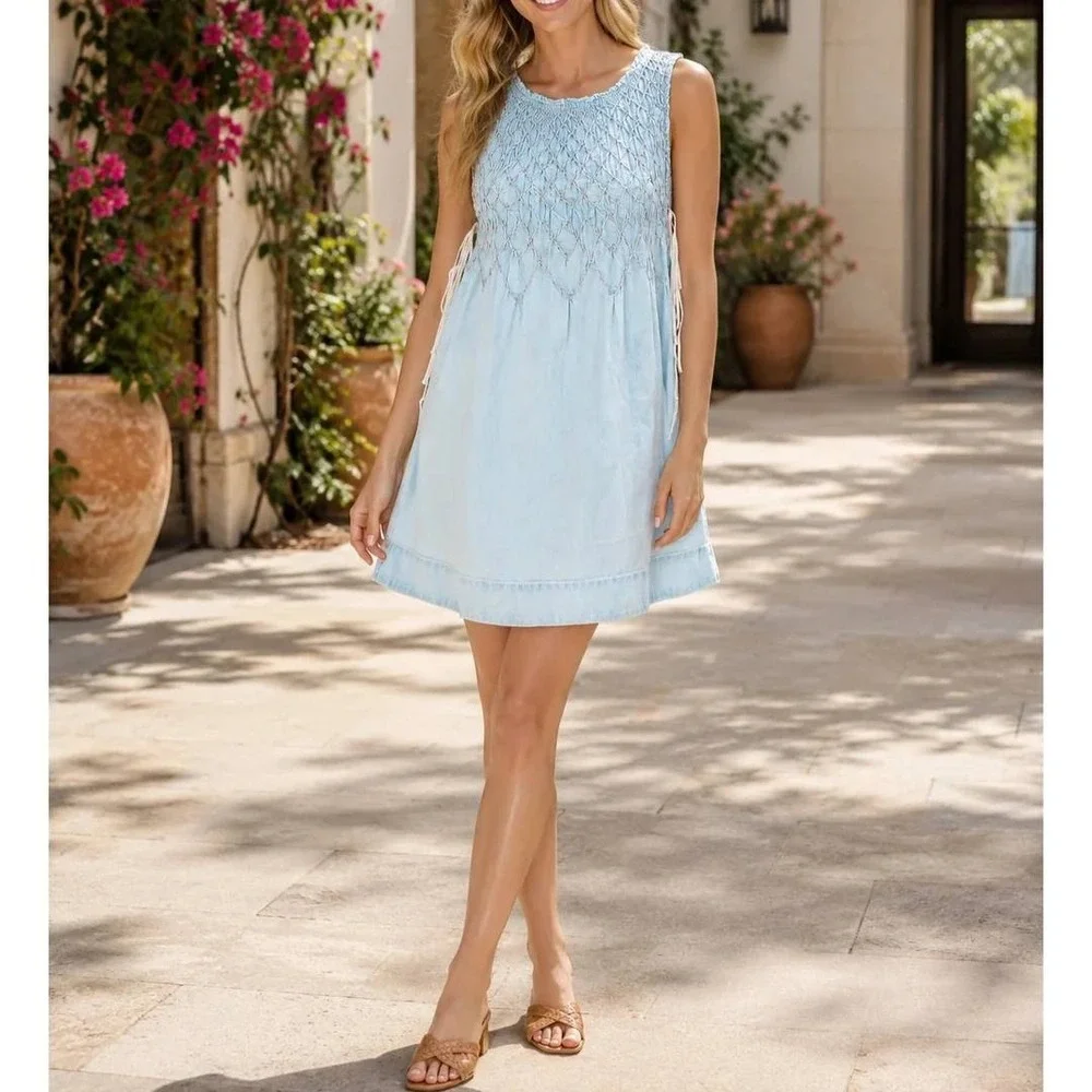 Free People Maisie Smocked Denim Mini Dress Large New With Tags